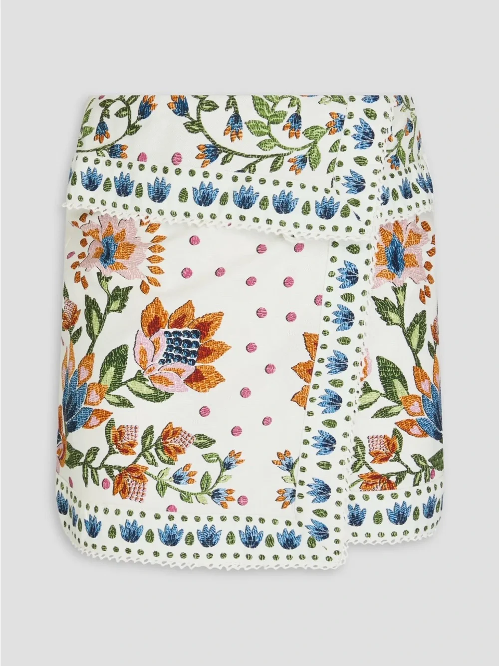 Farm Rio Wrap effect floral print cotton mini skirt lace trim